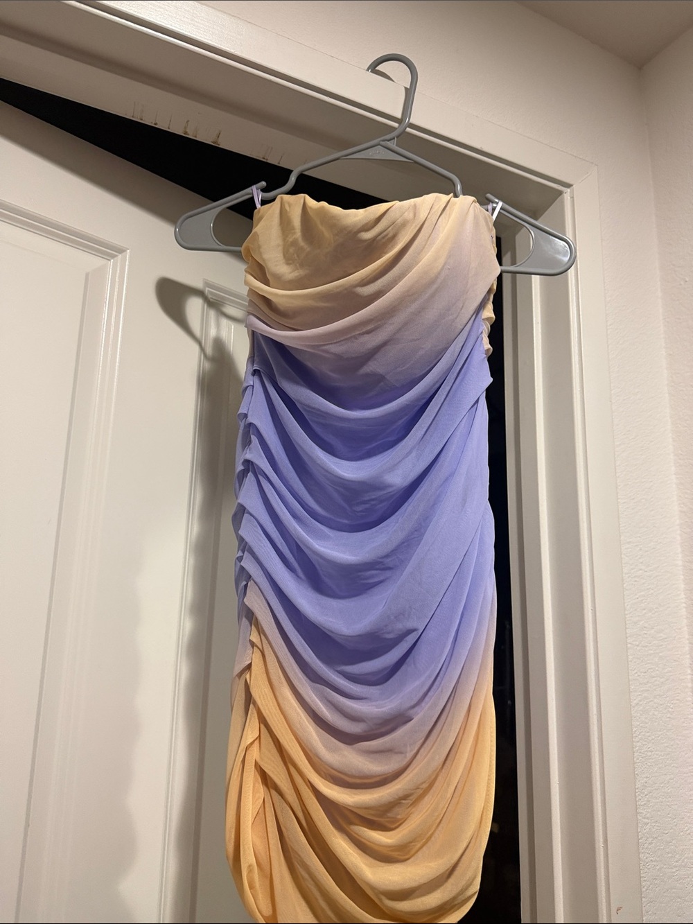 Zara Strapless Ombre Draped Dress in Lavender and Peach